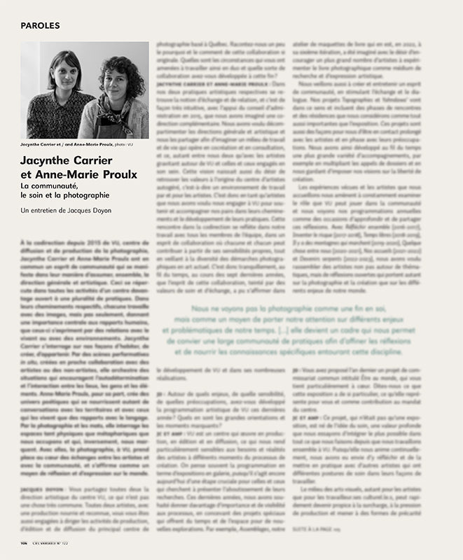 CV122 - Jacynthe Carrier et Anne-Marie Proulx, La communauté, le soin et la photographie — Jacques Doyon